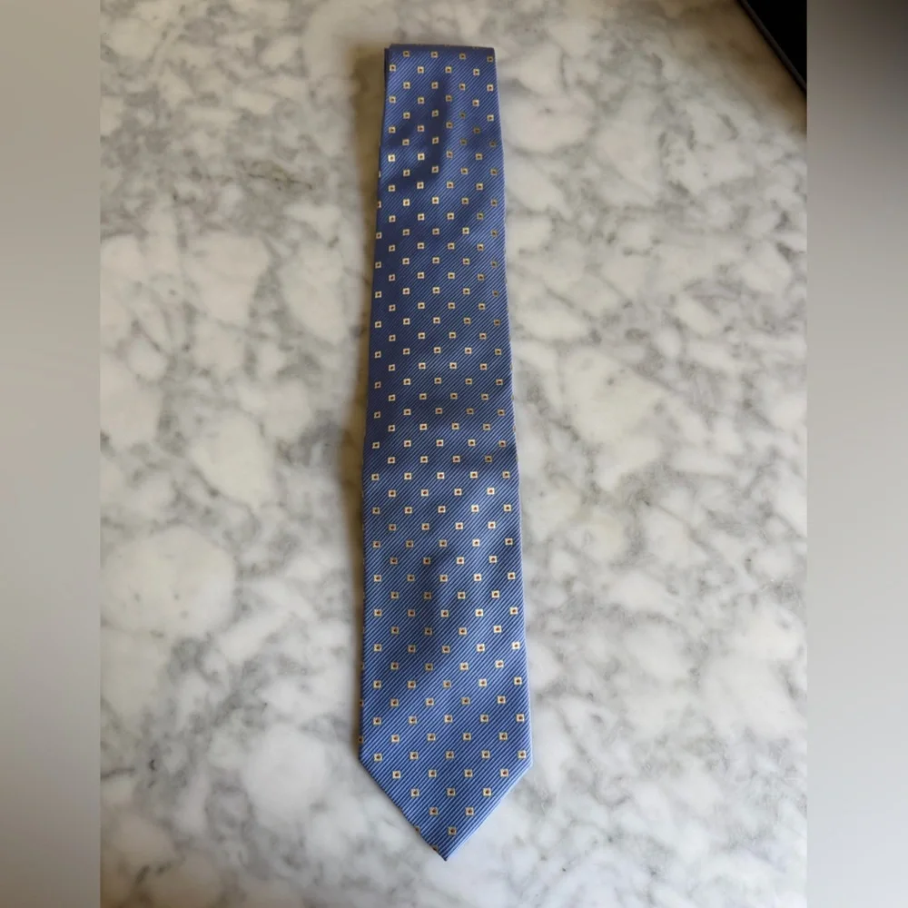 Hugo Boss Blue Tie with Gold Square Dots Silk Cotton Office Business Casual